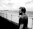 A bearded man from the back with a beach behind him