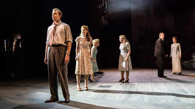 Josephine Barstow, Gemma Page, Janie Dee, Geraldine Fitzgerald and Tracie Bennett. Photo by Johan Persson. Six of the performers are on a near empty stage. The young and old versions of both the wives and one of the husbands, Ben Stone. He married one woman and had an affair with the other, and she still loves him in both eras. They stand around shouting and pleading with each other.