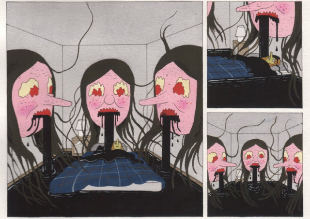 A green skinned witch lies in a futon bed. Out of the walls of her room grow three faces, black liquid pouring from their mouths slowly fills the room. Megg is awake but does nothing. The image is black ink pen with muted watercolour colours.
