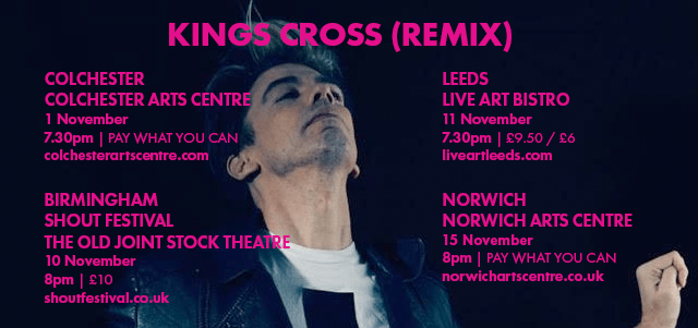 Promotional image from Tom Marshman's facebook page. He is on a black background from the chest up. His head tilted upwards, eyes closed. He wears a black leather jacket and a white tshirt with a large black cross. His hair tips bleached white and stuck up in a quiff. Around his body in pink text are the locaions and dates for shows in November 2017.