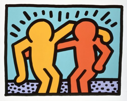 Best Buddies by Kieth Haring. Two cartoon figures with arms around each other and lines radiating from them.
